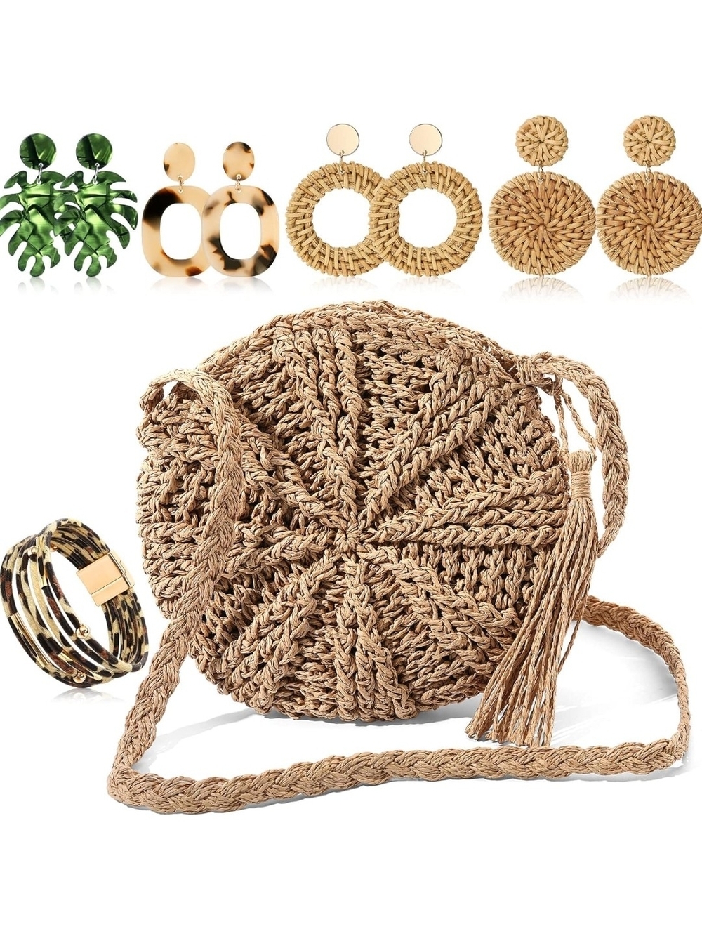 Handwoven Round Straw Crossbody Bag FULL SET